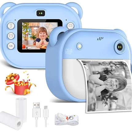 Kids Instant Print Mini Camera Digital HD Photo & Video with Games Fun Toy for Boys & Girls Ages 4-18  Includes 2 Print Rolls (Blue)