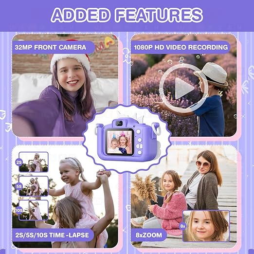 Digital Camera for Kids Purple Unicorn Selfie Camera Video Photo Games 4 GB SD Card 4+