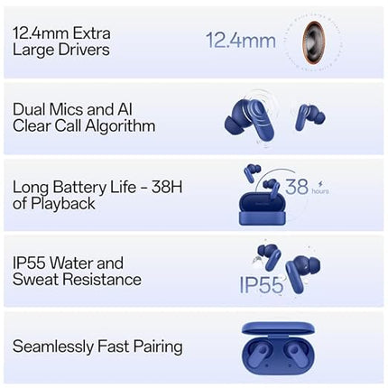 True Wireless Earbuds with Mic 12.4 mm Drivers Playback Upto 38 hrs 4-Mic Design (Black)